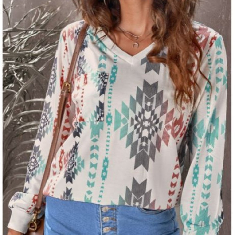 V Neck Long Sleeve Aztec Print Top with Pocket
